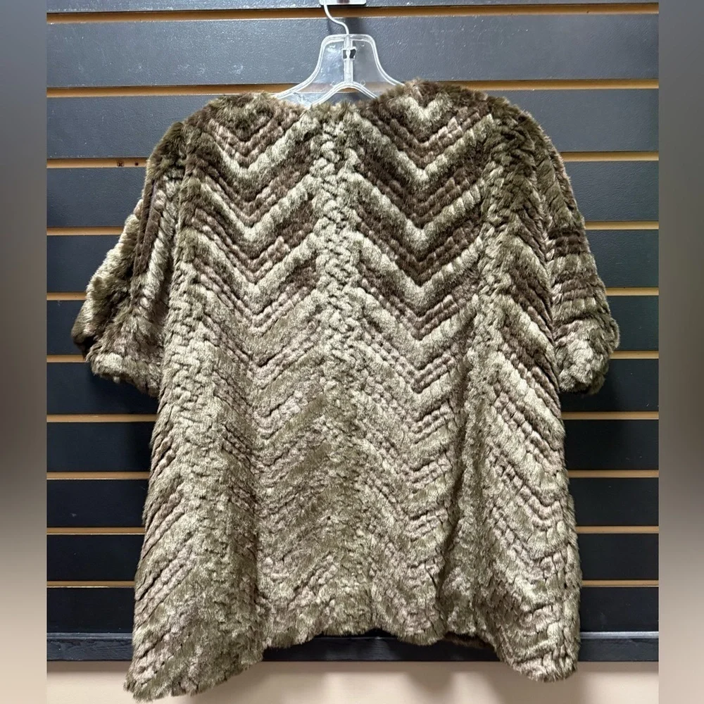 Adrienne Landau Faux Fur Jacket Brown Chevron Quarter Sleeve Size 1X